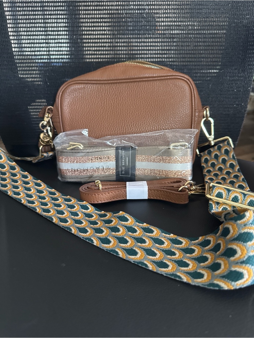 Pebbled Tan Crossbody Bag with Decorative Straps